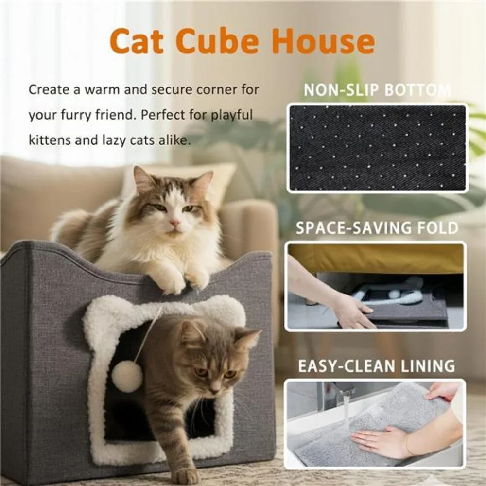 Cat Condo with Scratching Pad Hanging Fluffy Ball & Peekaboo Window